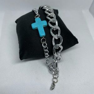 Fashion chunky double silver tone chain with turquoise cross charm bracelet